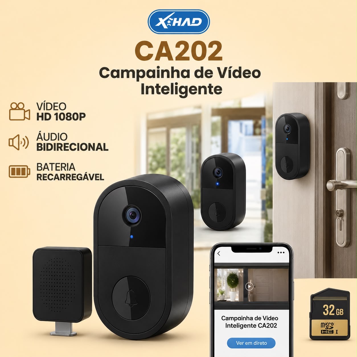 Campainha de Vídeo Inteligente Wi-Fi Full HD